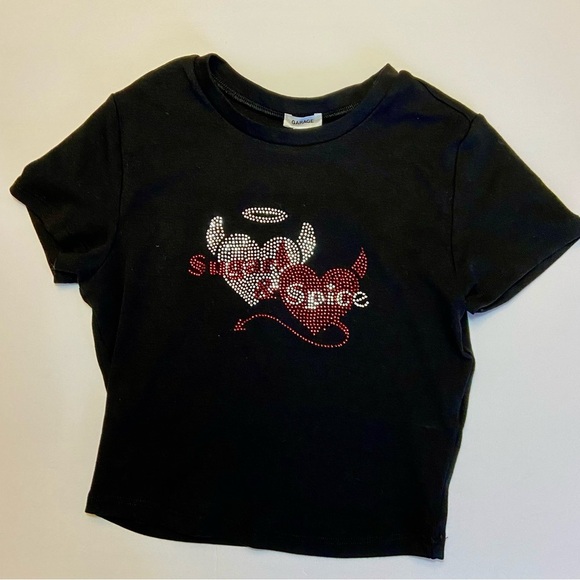 Garage Y2K Cropped Rhinestone Baby Tee Sugar & Spice Angel & Devil Black XS NEW - Picture 9 of 9